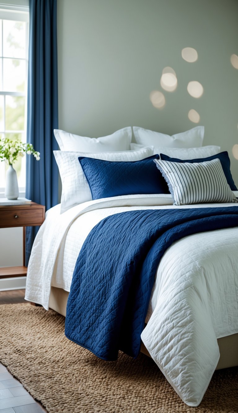 White bedding with navy blue quilt on a bed in a serene bedroom