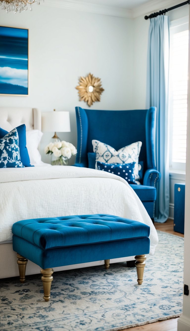 A blue velvet ottoman sits at the foot of a bed in a white and blue bedroom, creating a cozy and elegant atmosphere
