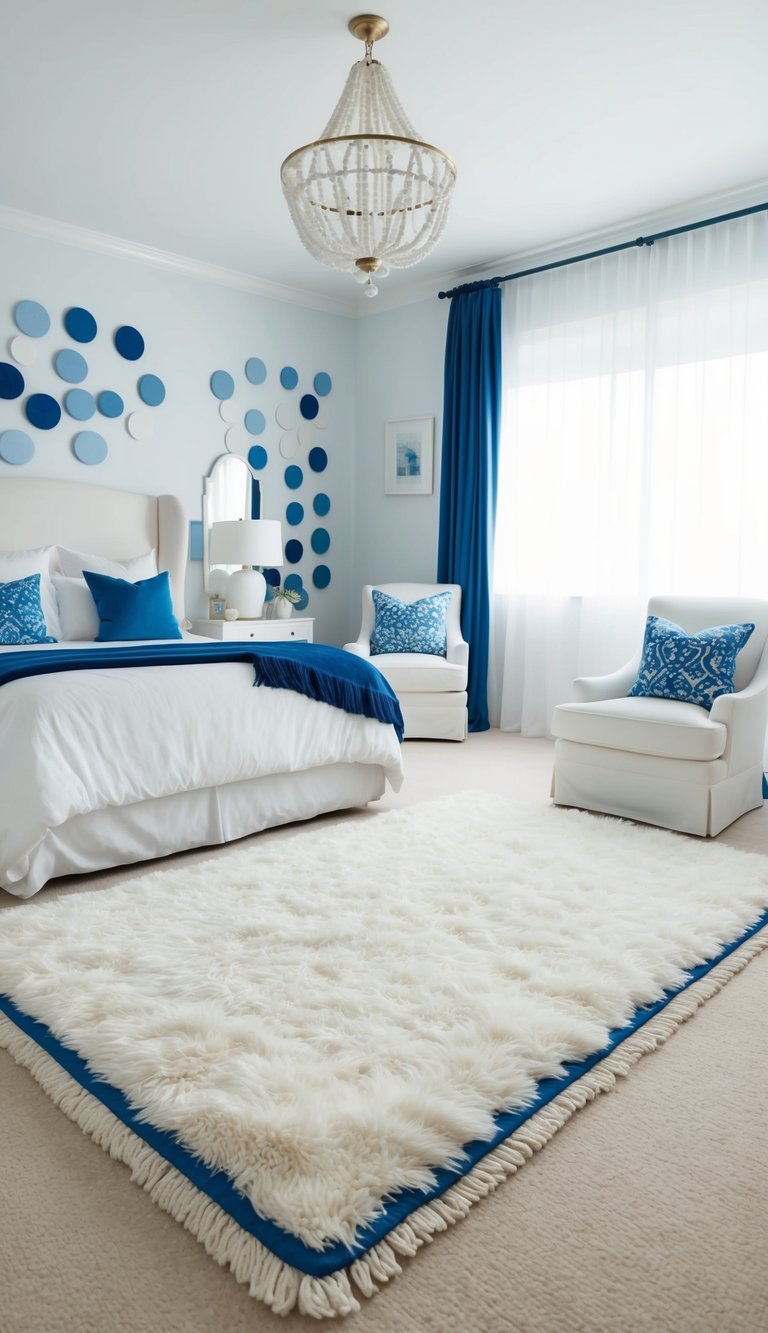 A white shag rug with blue trim sits in the center of a serene and elegant bedroom, surrounded by various shades of white and blue decor