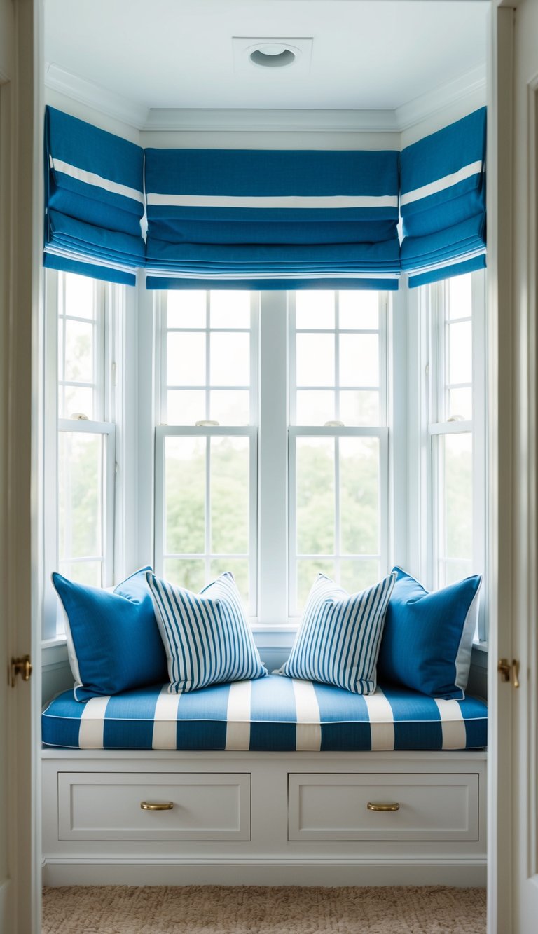 A cozy window seat with blue and white striped cushions, surrounded by a serene white and blue bedroom