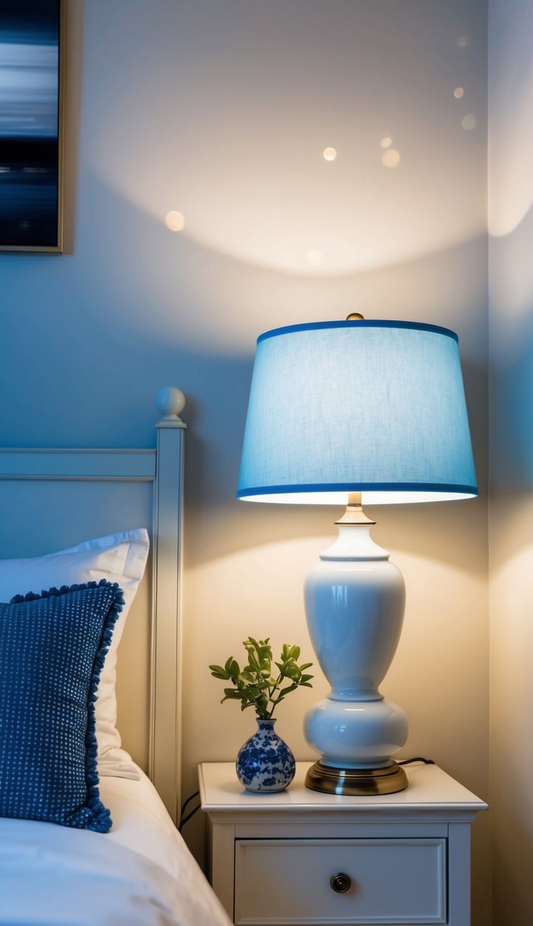 Two white bedside lamps with blue shades illuminate a serene bedroom