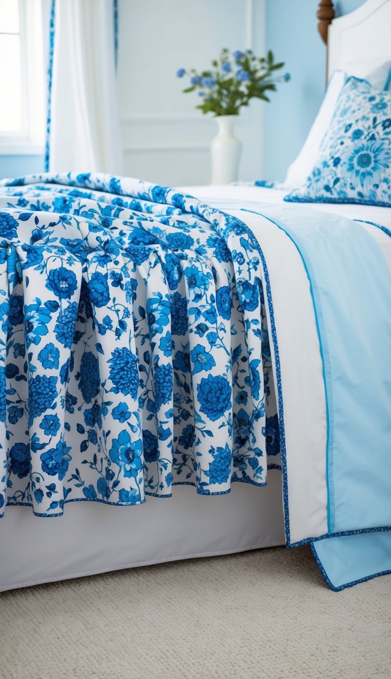 A blue and white floral bed skirt drapes over a neatly made bed in a serene white and blue bedroom
