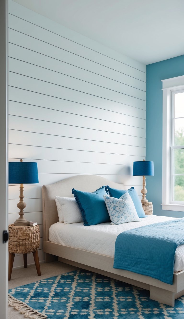 A white wood plank accent wall with blue accents in a serene bedroom setting