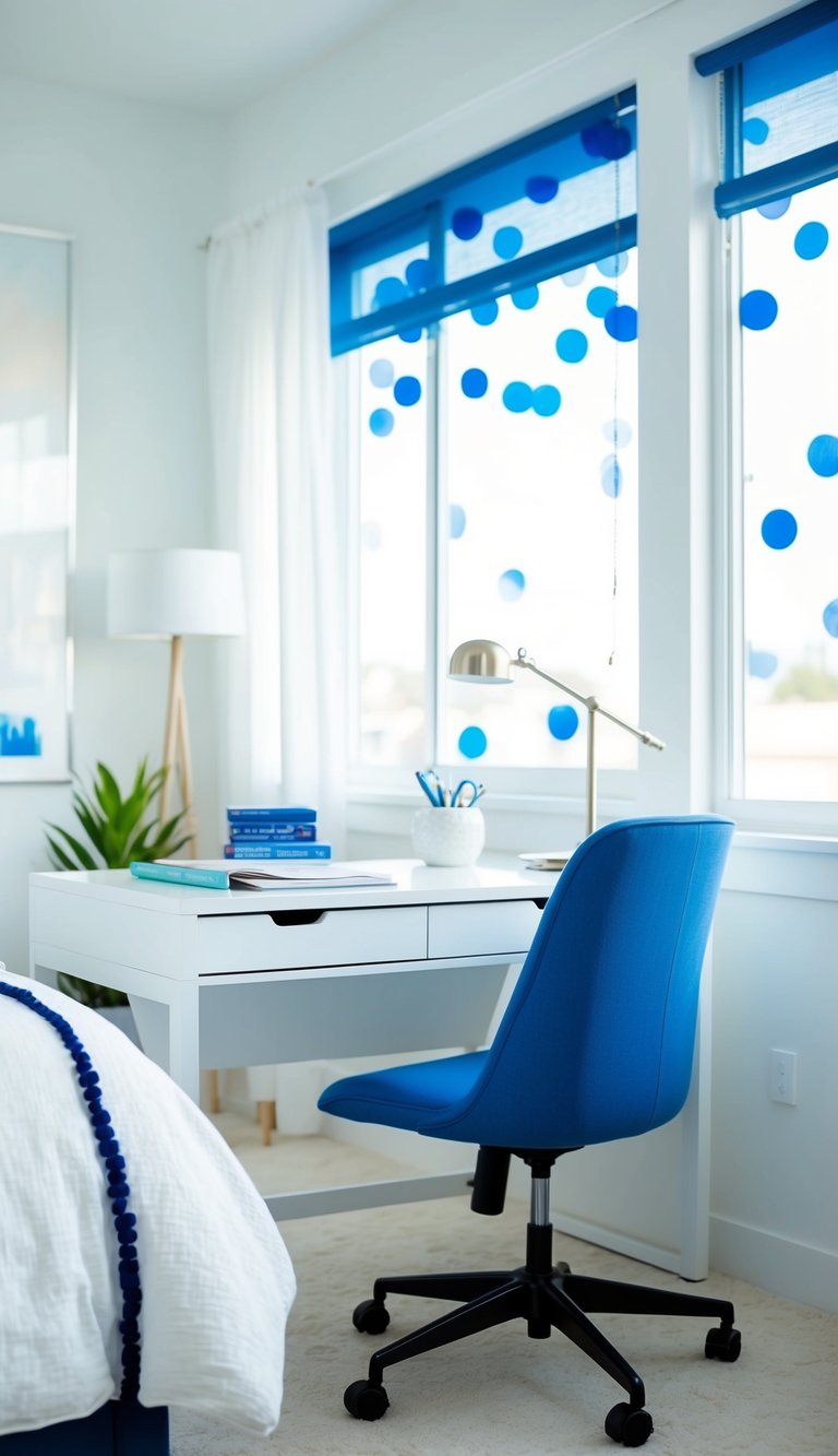 A white desk with a blue chair in a bright and airy bedroom, with 34 ideas for white and blue decor