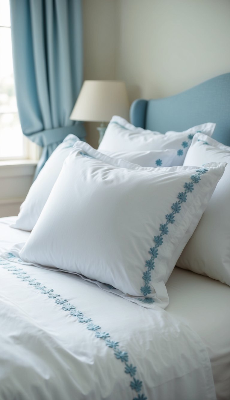 White bed linens with light blue embroidery in a serene bedroom setting