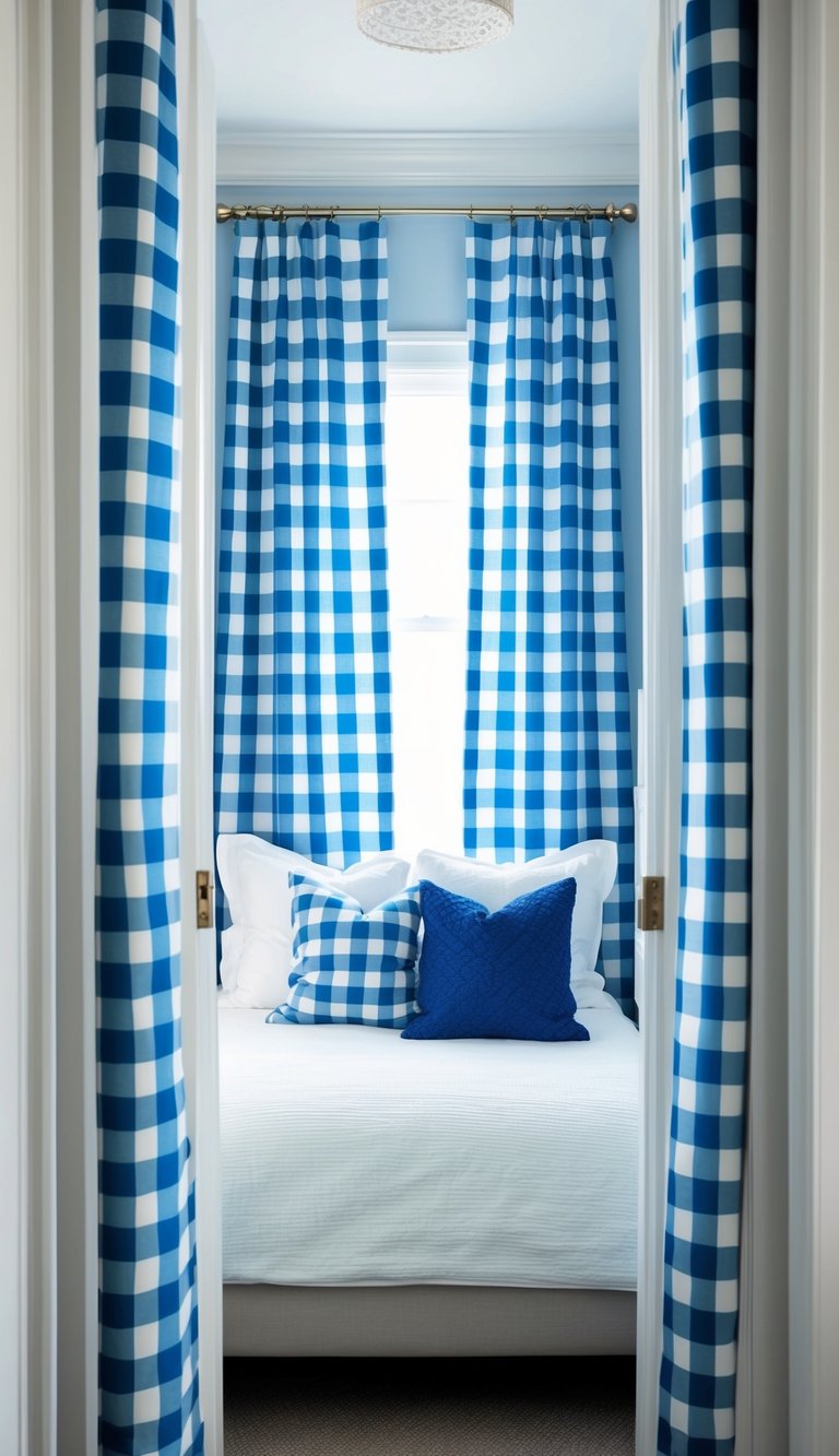Blue and white checkered curtains frame a serene bedroom with a mix of white and blue decor