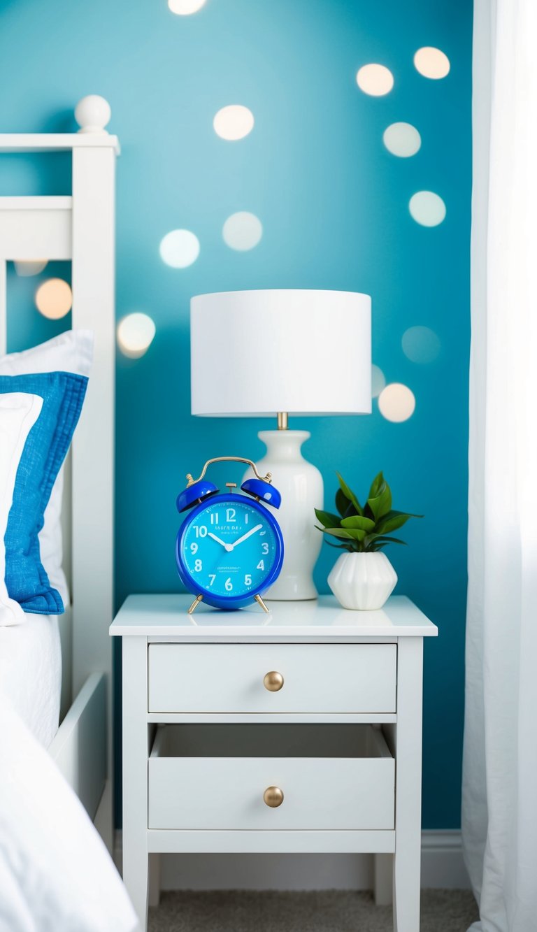 A white bedside table with a blue alarm clock in a serene white and blue bedroom