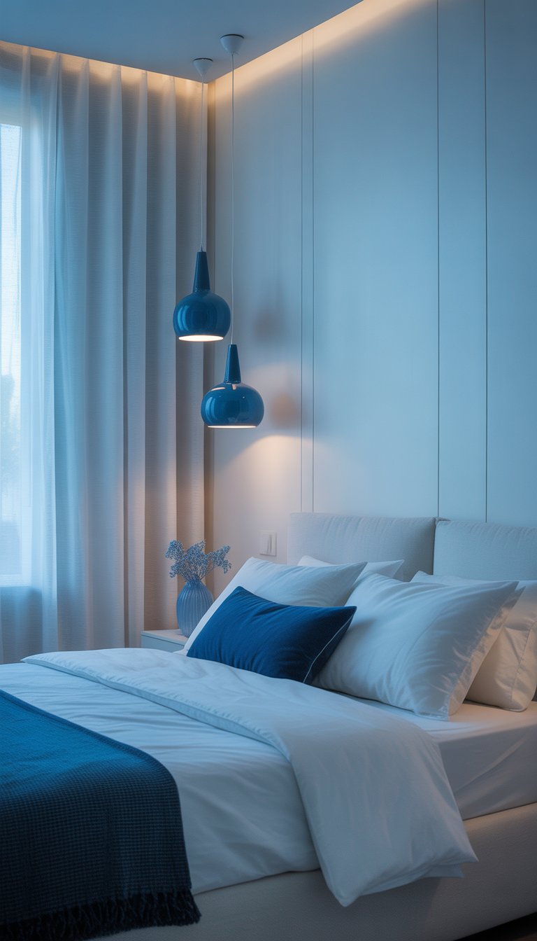 Blue pendant lights illuminate a serene white and blue bedroom
