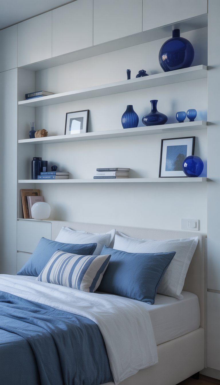 White floating shelves hold blue decor in a serene bedroom