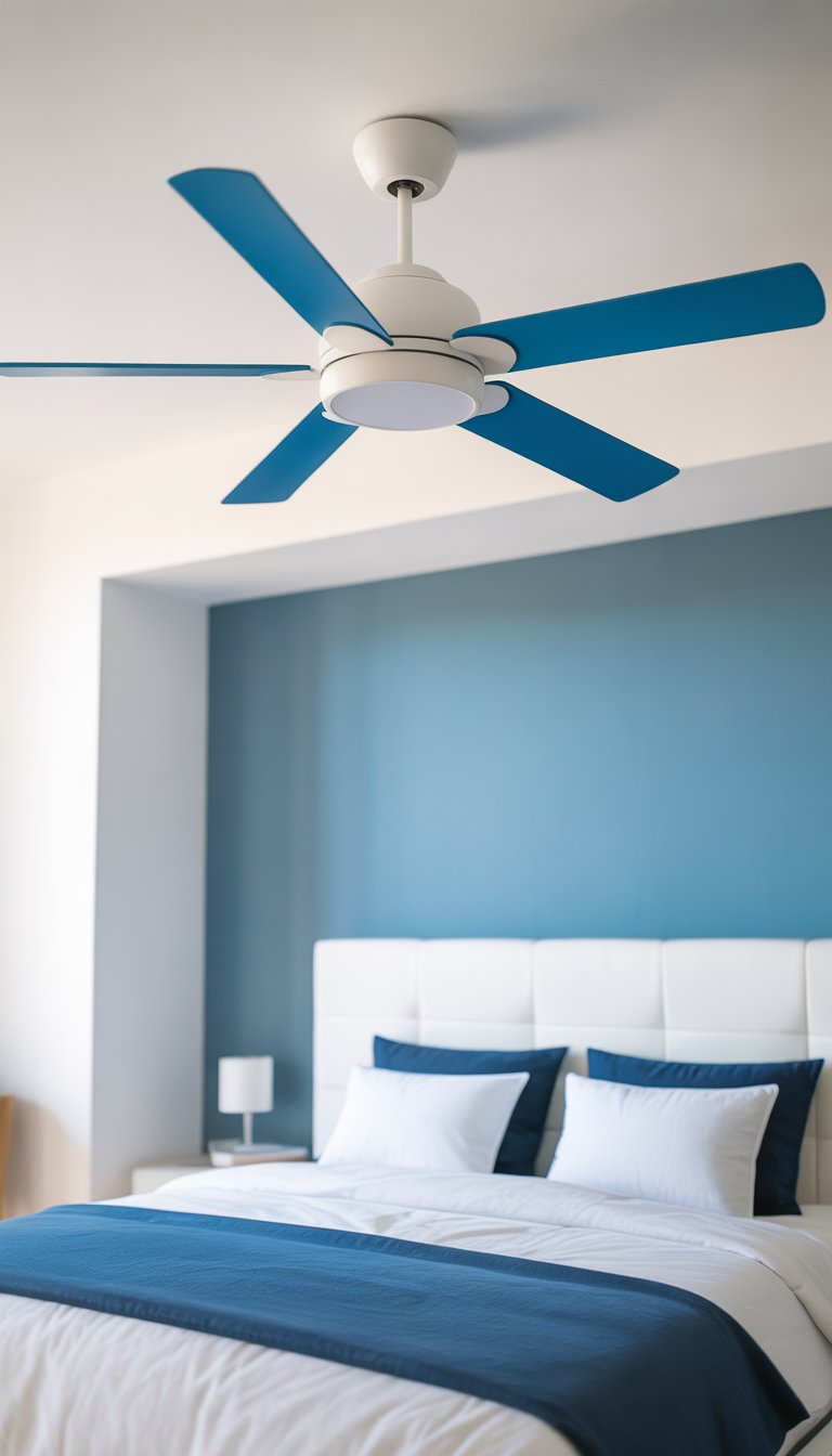 A white ceiling fan with blue blades spins in a serene bedroom with a color scheme of white and blue
