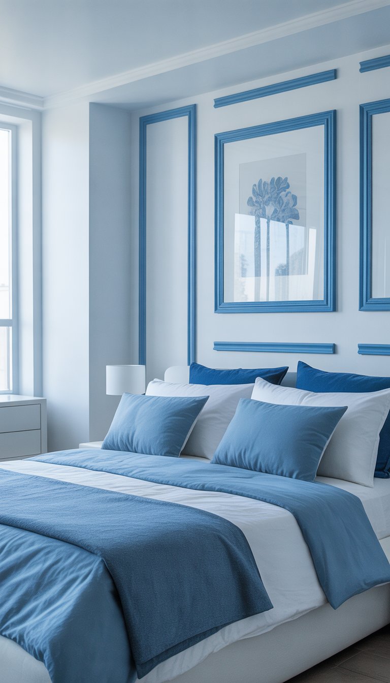 blue and white themed bedroom idea featuring Blue-framed artwork on white walls