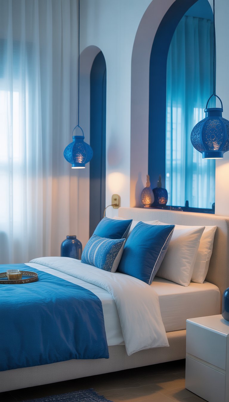 Blue Moroccan lanterns hang in a serene white and blue bedroom