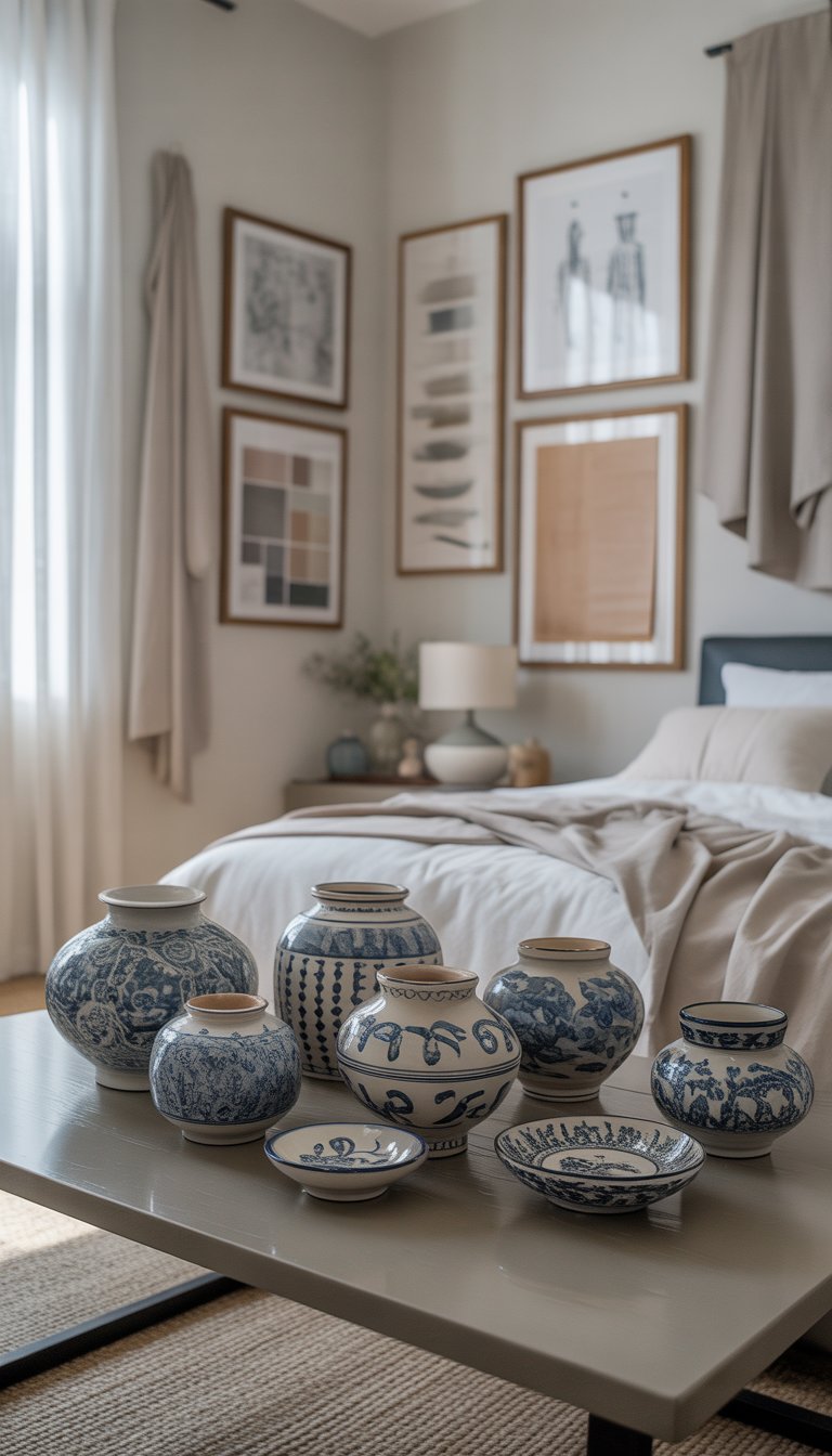 A collection of blue and white pottery arranged in a serene, minimalist bedroom with design ideas displayed around the room