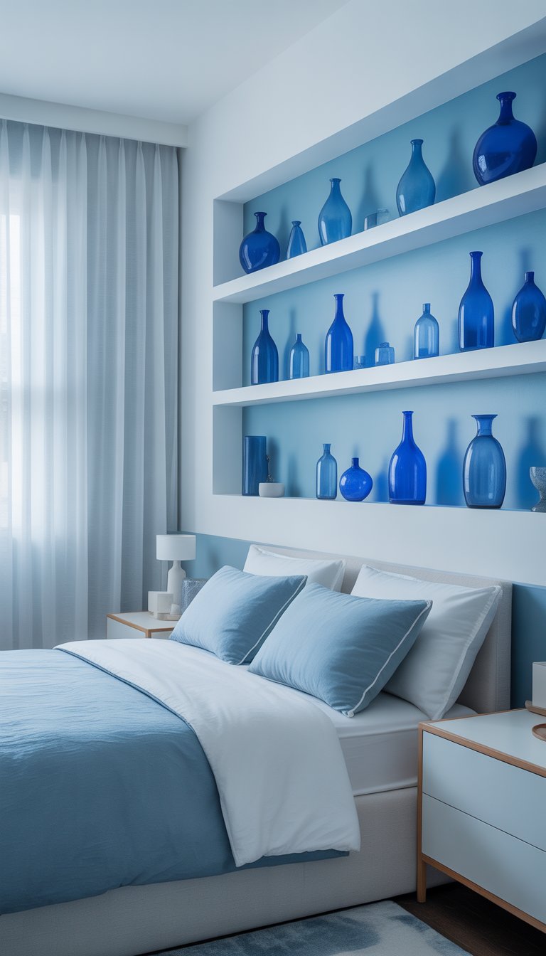 A blue glass bottle sits on white shelves in a serene blue and white bedroom