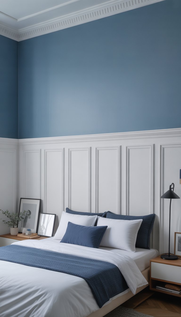 White wainscoting with blue paint above, accented by 34 white and blue bedroom ideas