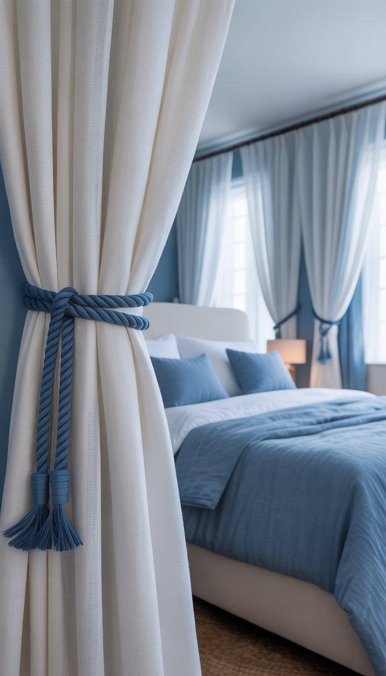 White curtains tied back with blue rope curtain tiebacks in a serene blue and white bedroom