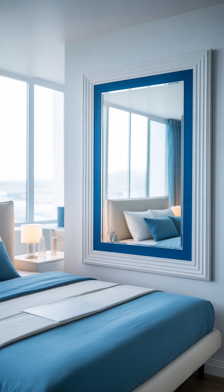 A white framed mirror with a blue border hangs on a wall in a serene white and blue bedroom