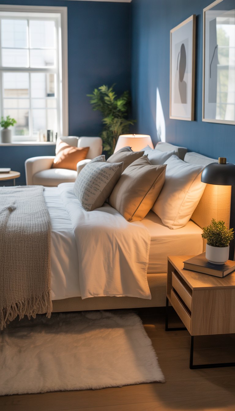 A cozy bedroom with a navy blue accent wall