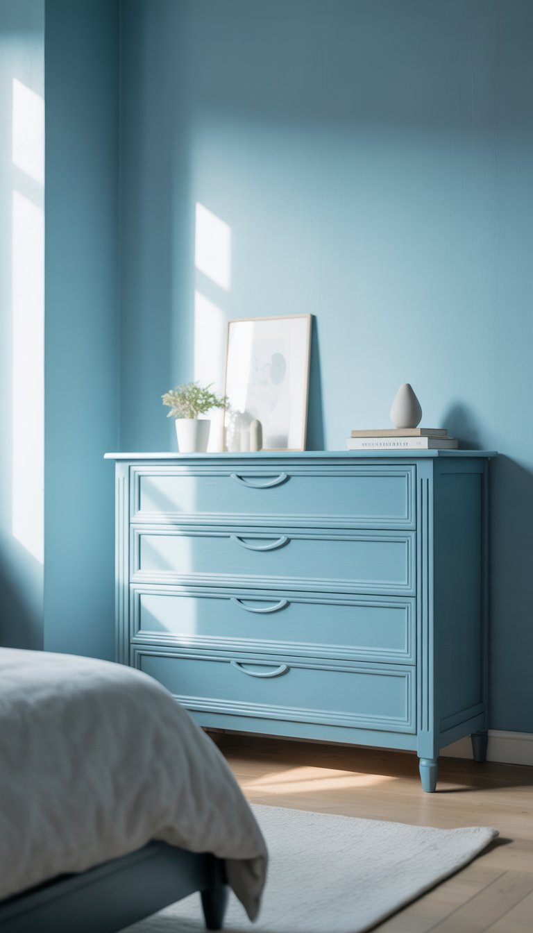 A pastel blue dresser stands in a serene blue bedroom
