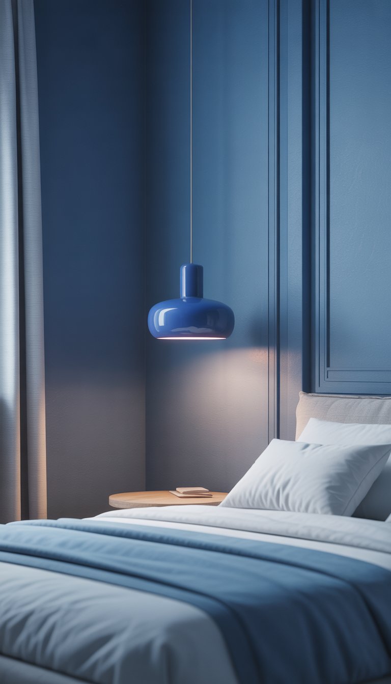 An indigo pendant light illuminates a serene blue bedroom, creating a calming and cozy atmosphere