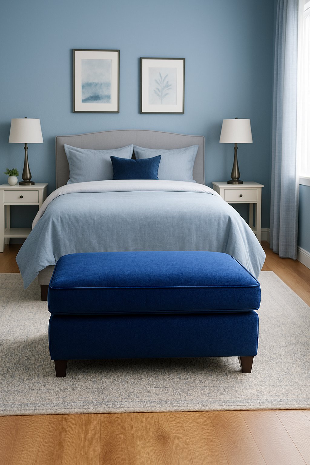 A royal blue ottoman sits in the center of a serene blue bedroom, surrounded by various shades of blue decor and furnishings