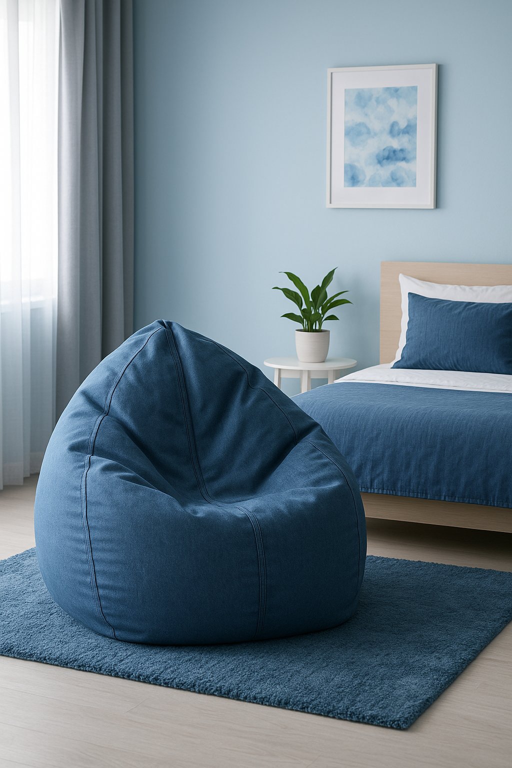 A denim blue bean bag chair sits in the center of a serene blue bedroom