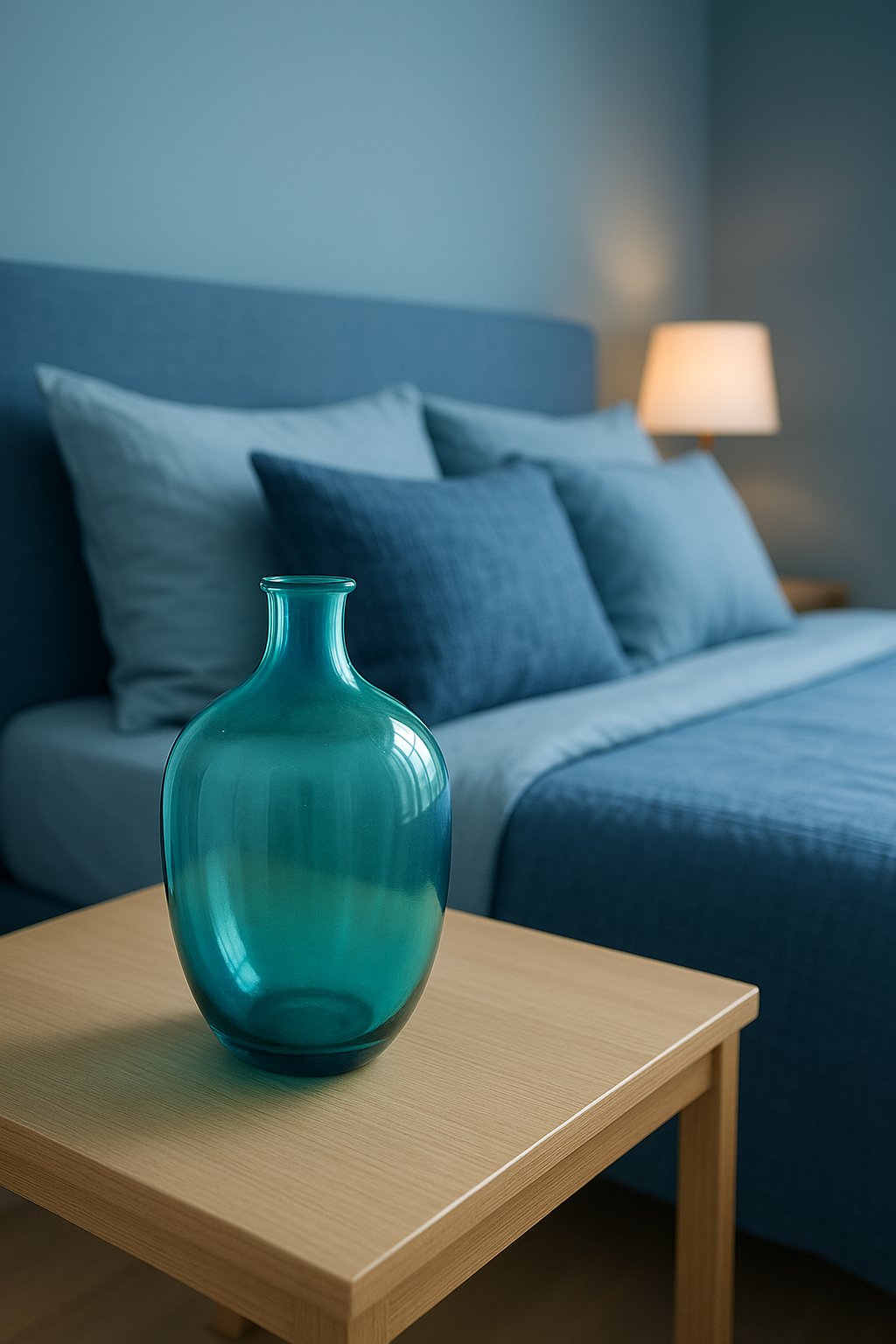 A turquoise glass vase sits on a bedside table in a serene blue bedroom