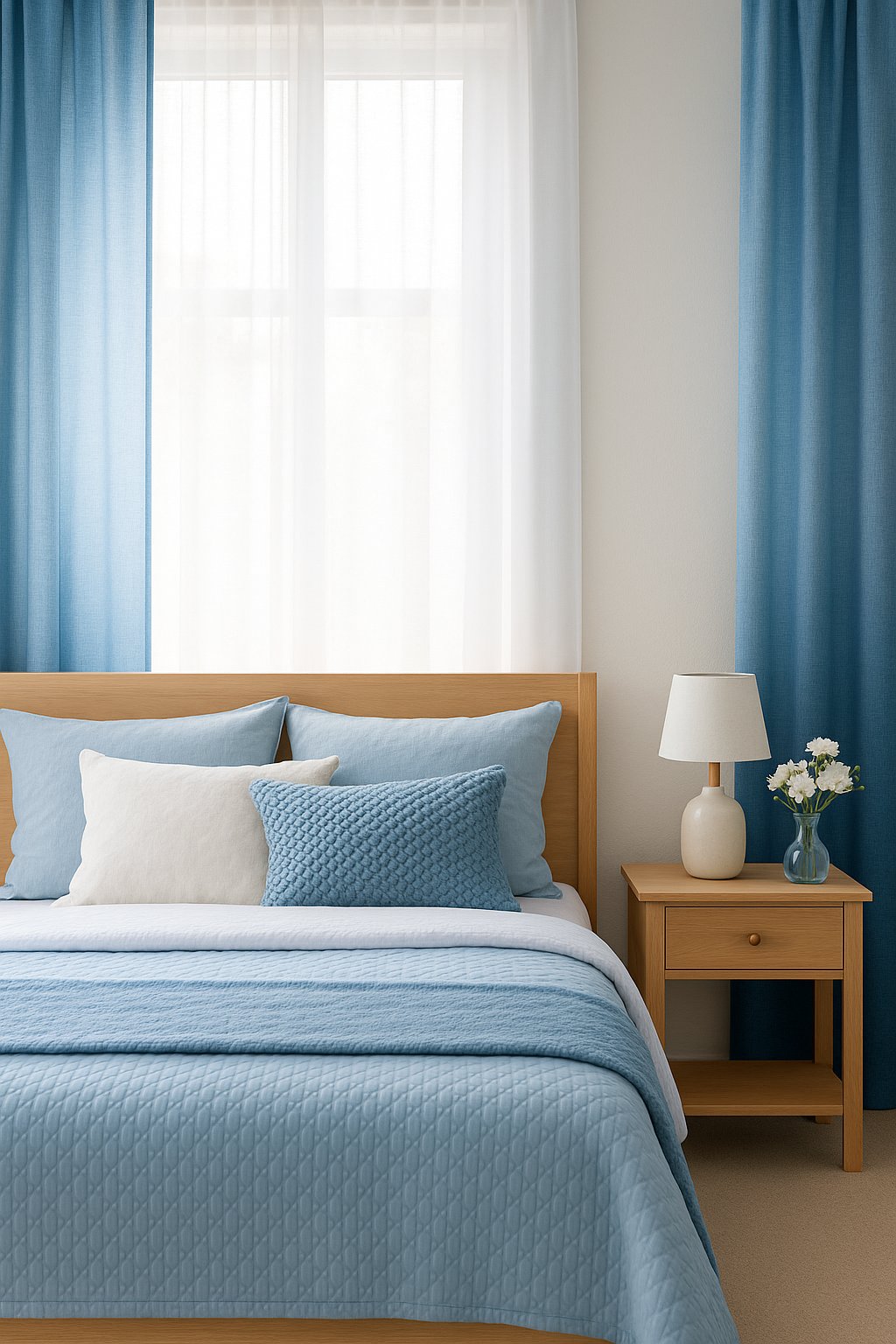 Blue ombre curtains frame a serene blue bedroom with soft lighting and cozy decor
