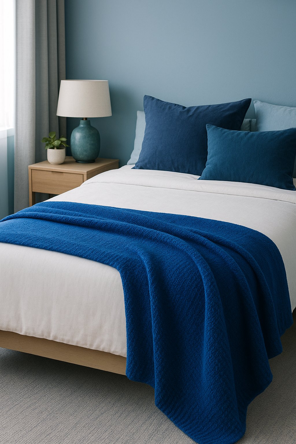 An electric blue throw blanket drapes over a cozy bed in a bedroom filled with shades of blue decor