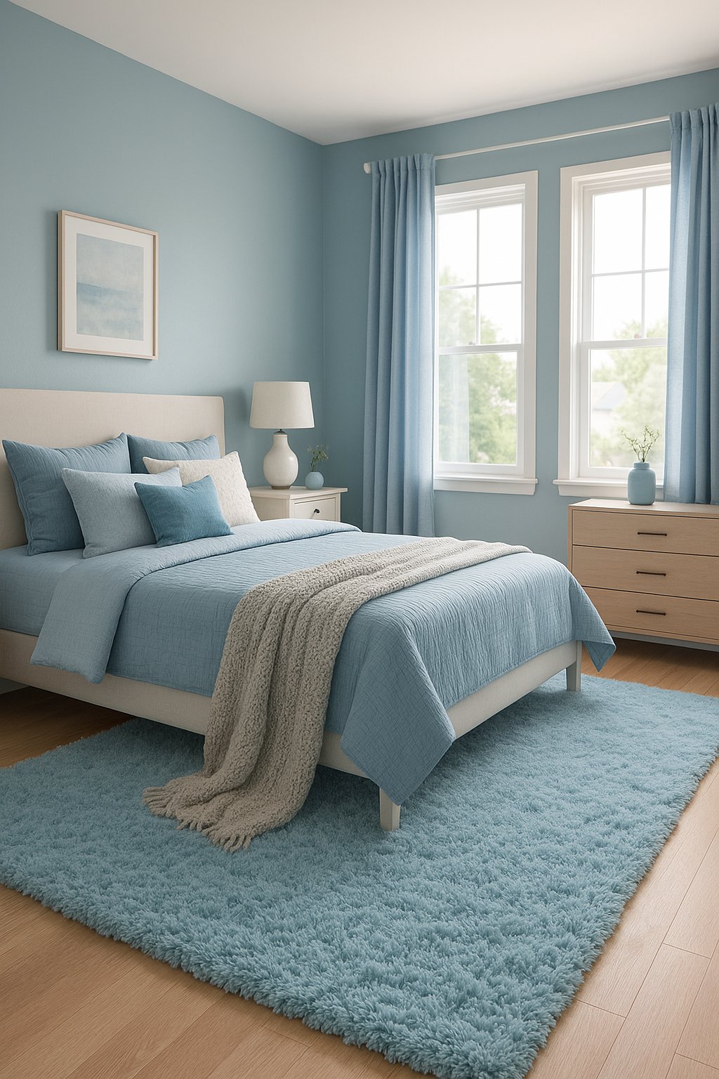 A soft blue shag rug anchors a serene bedroom with shades of blue