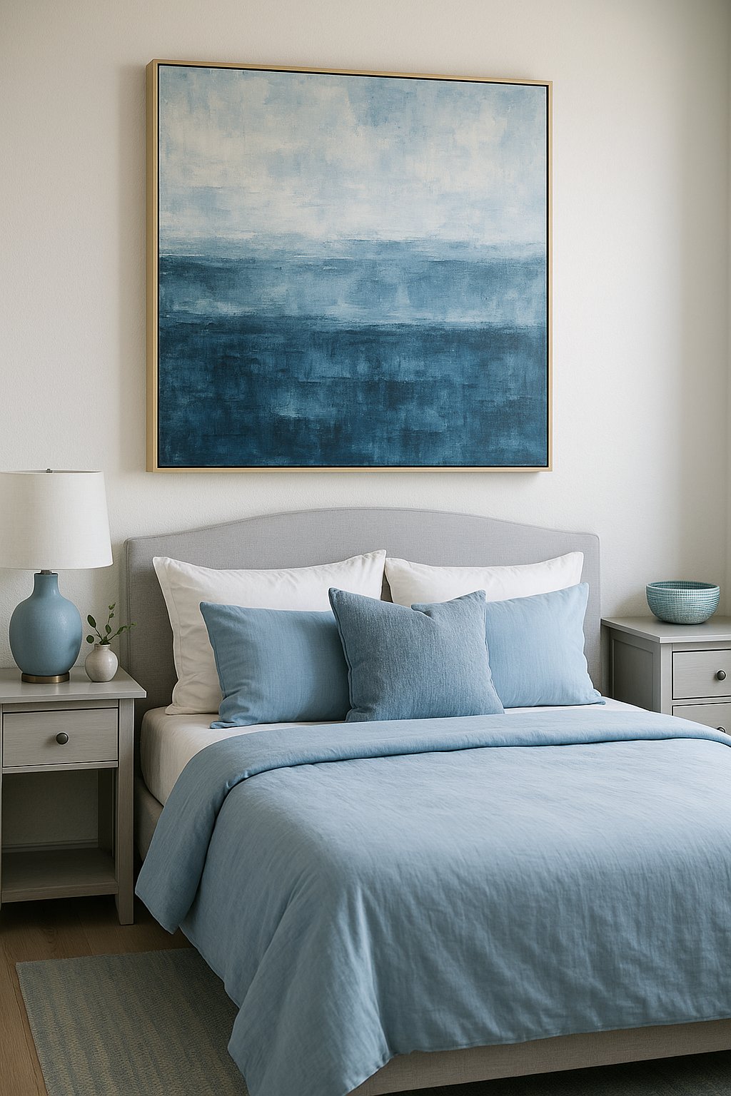 A blue and grey abstract painting hanging in a serene bedroom with blue decor ideas