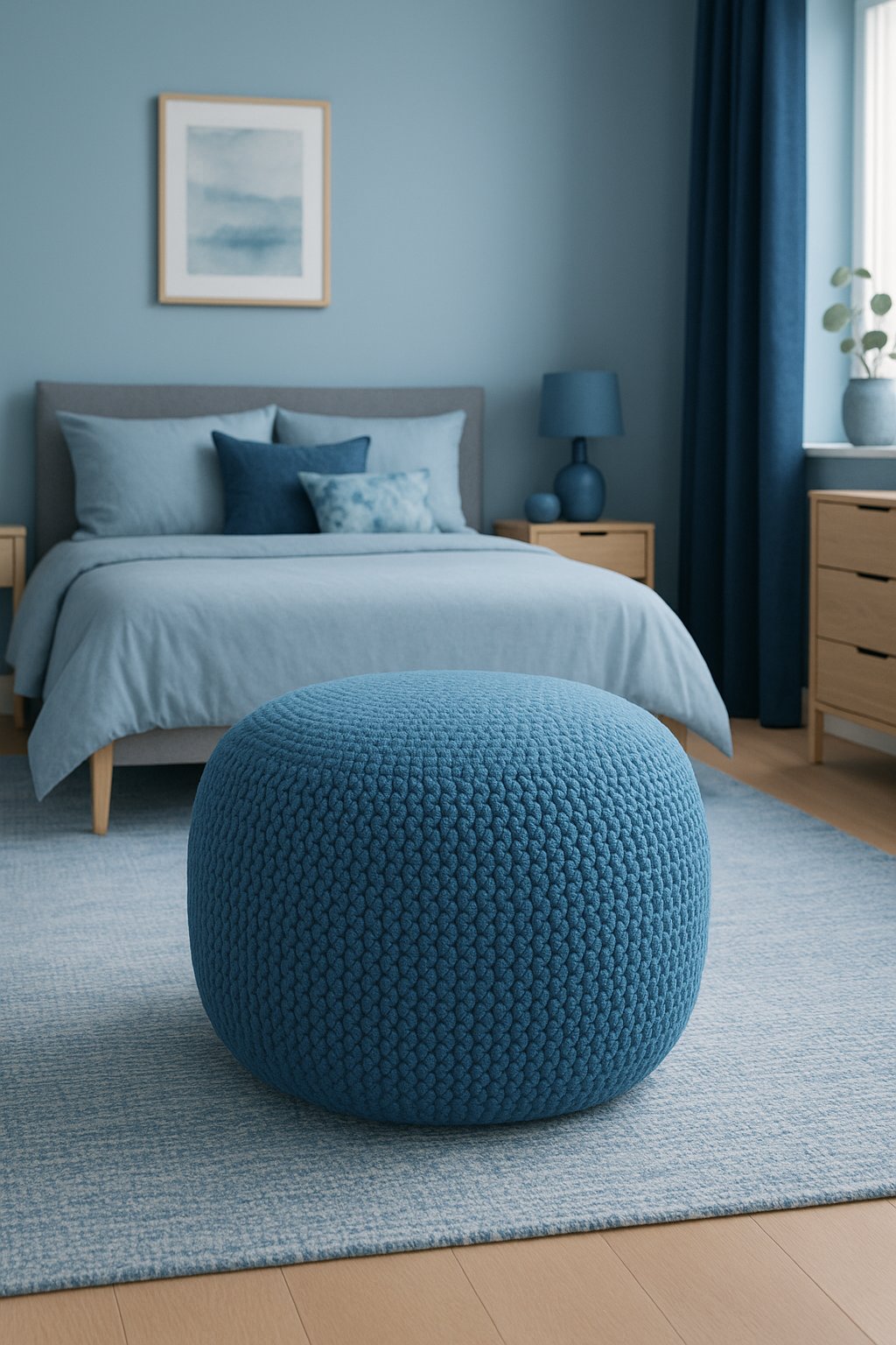 A cerulean blue pouf sits in the center of a serene blue bedroom, surrounded by various shades of blue decor and accents