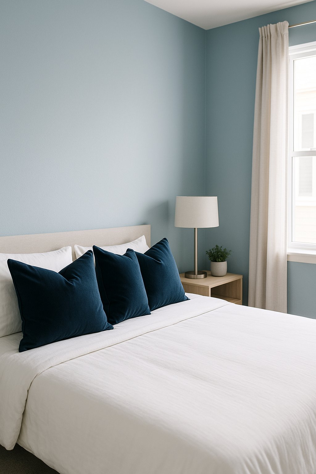 Midnight blue floor cushions arranged in a cozy bedroom with various shades of blue decor