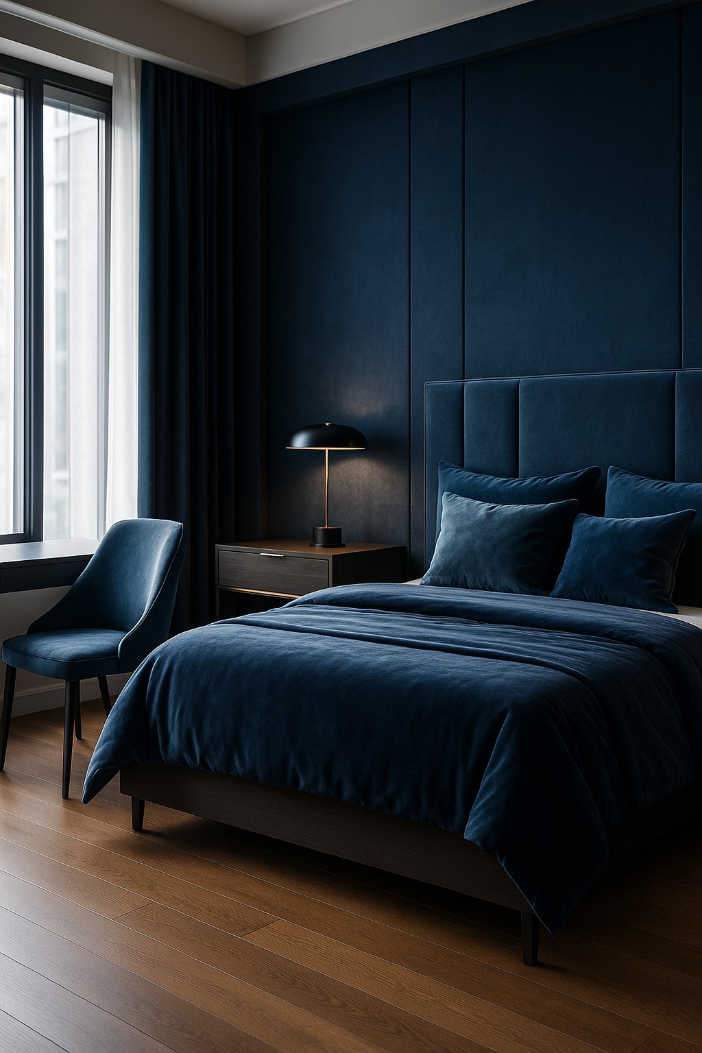 A luxurious hyperrealistic modern blue bedroom featuring Slate blue desk chair