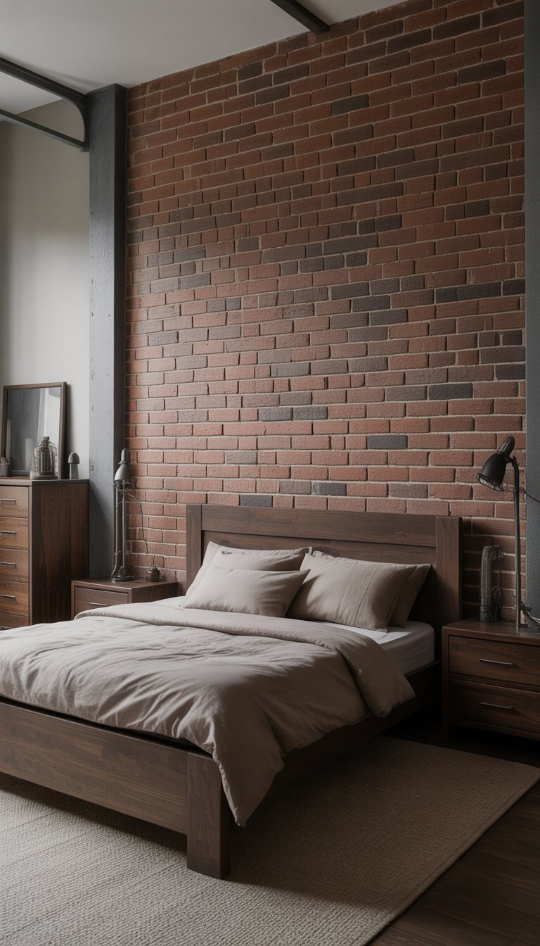 An industrial-style bedroom with a large exposed brick accent wall, featuring a masculine design with dark wood furniture and minimal decor