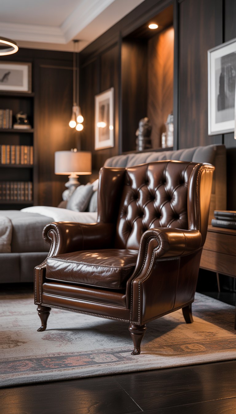 A leather club chair sits in a ultraluxurious men bedroom