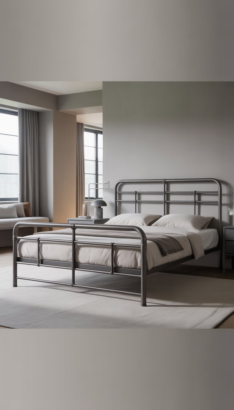 An industrial-style metal bed frame in a minimalist modern lururious men's bedroom with clean lines and neutral colors