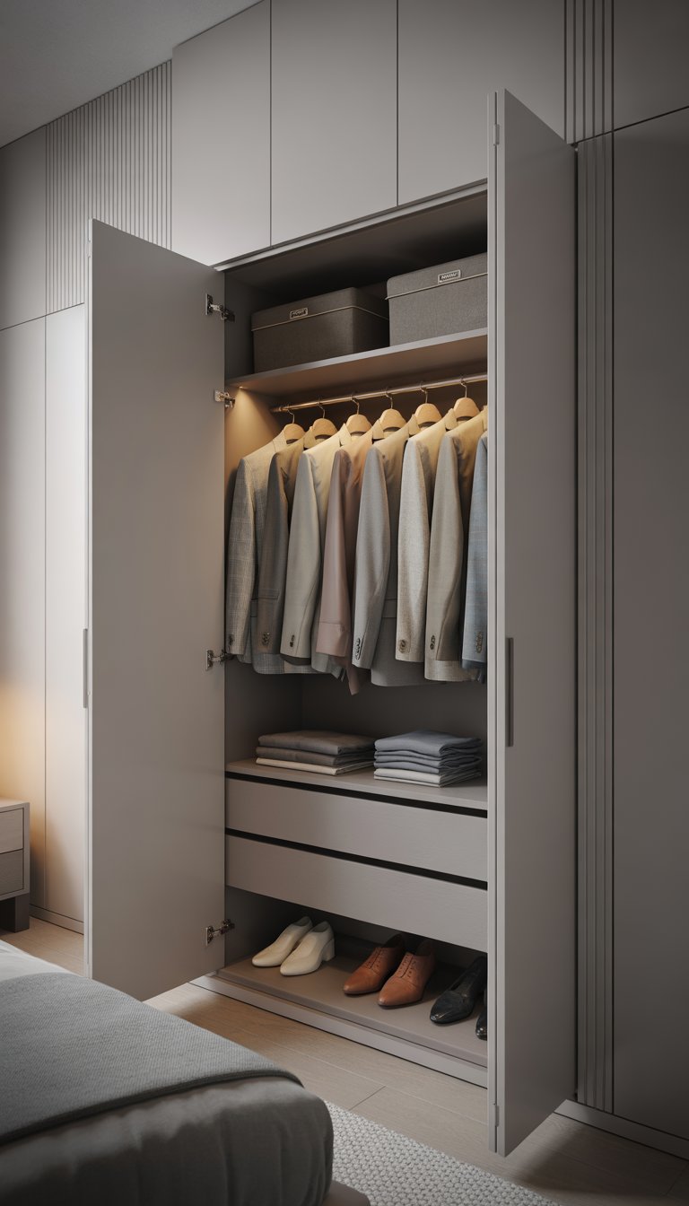 An open wardrobe with minimalistic design in a men's bedroom