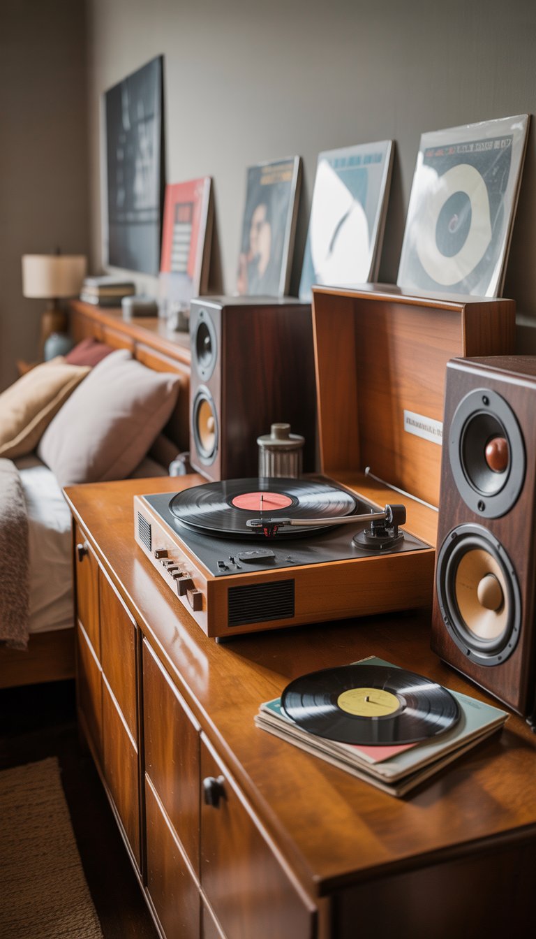 A vintage record player sits on a wooden dresser, surrounded by vinyl records and a pair of old speakers in a cozy bedroom