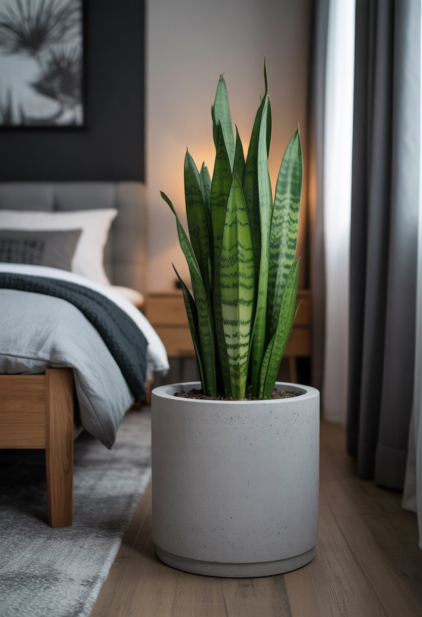A sleek concrete planter holds a tall snake plant in a modern men's bedroom