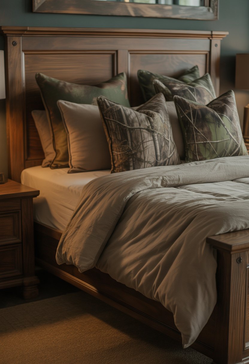 A cozy bedroom with 26 camouflage throw pillows scattered on the bed and seating area. Masculine decor with dark wood furniture and earthy tones