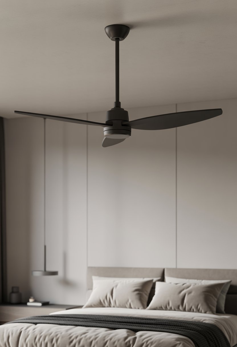 A matte black ceiling fan hangs above a modern, minimalist men's bedroom
