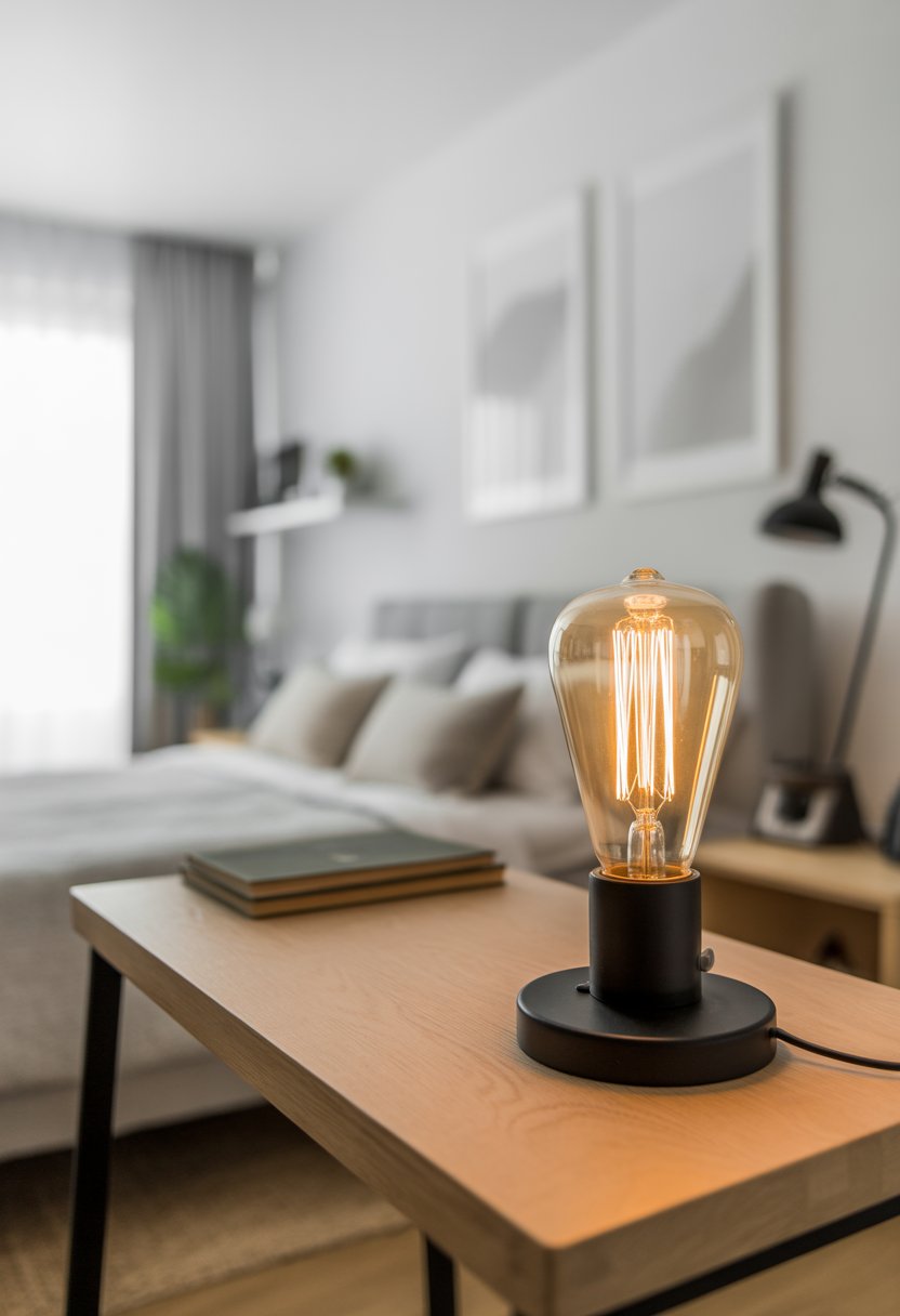 A simple desk with an Edison bulb, in a minimalist men's bedroom