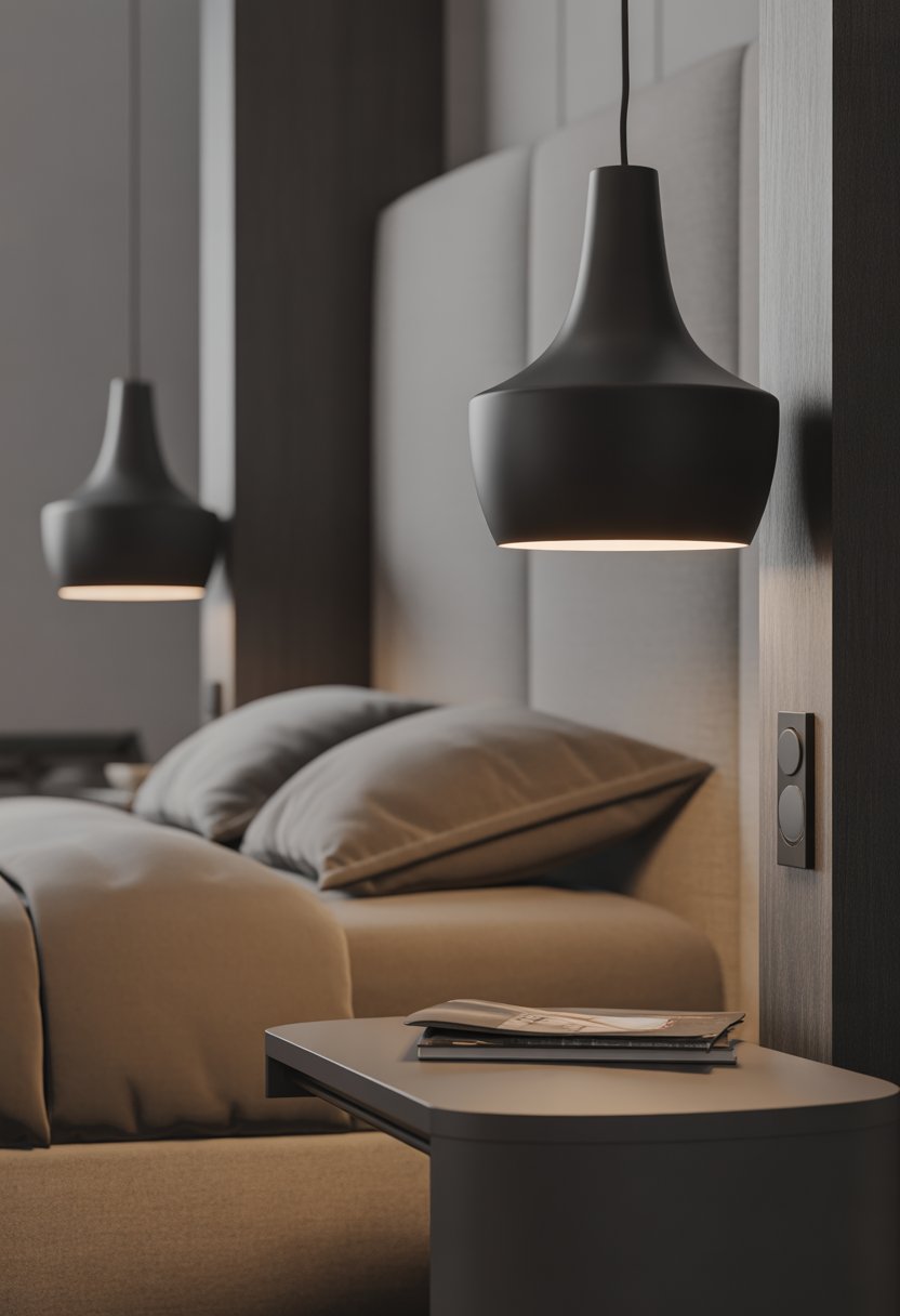 Men bedroom featuring two black matte pendant light only hanging on each of the two side tables on side of bed in a men bedroom