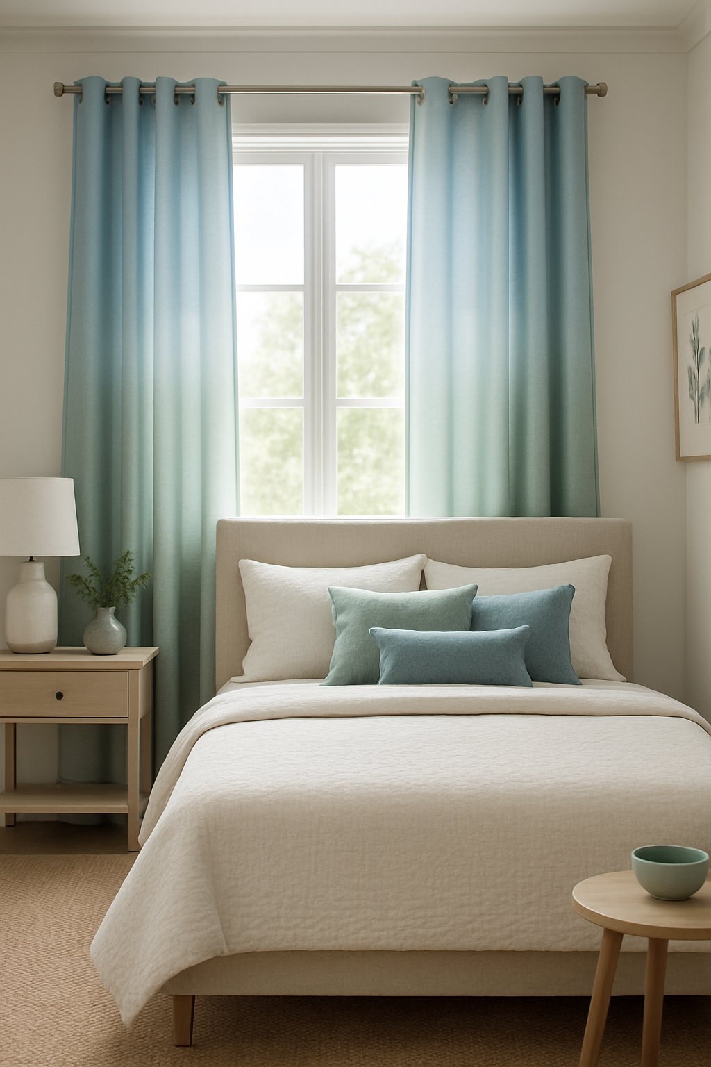 Blue and green ombre curtains frame a tranquil bedroom with coordinating decor