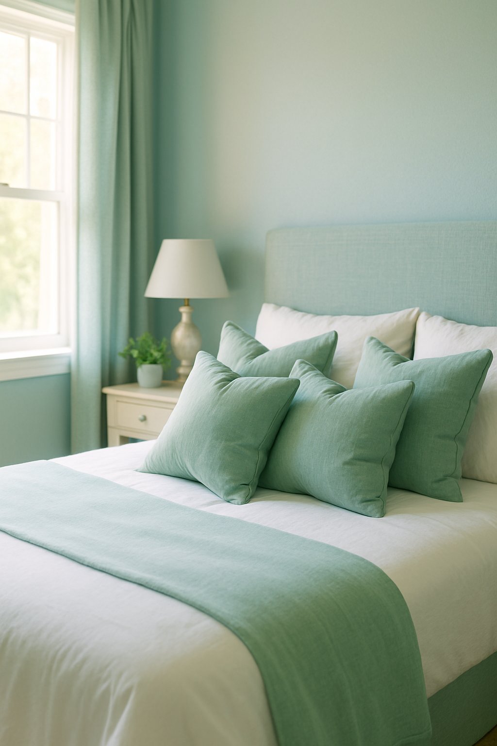 Seafoam green throw pillows scattered on a bed in a blue and green bedroom with natural light streaming in through the window