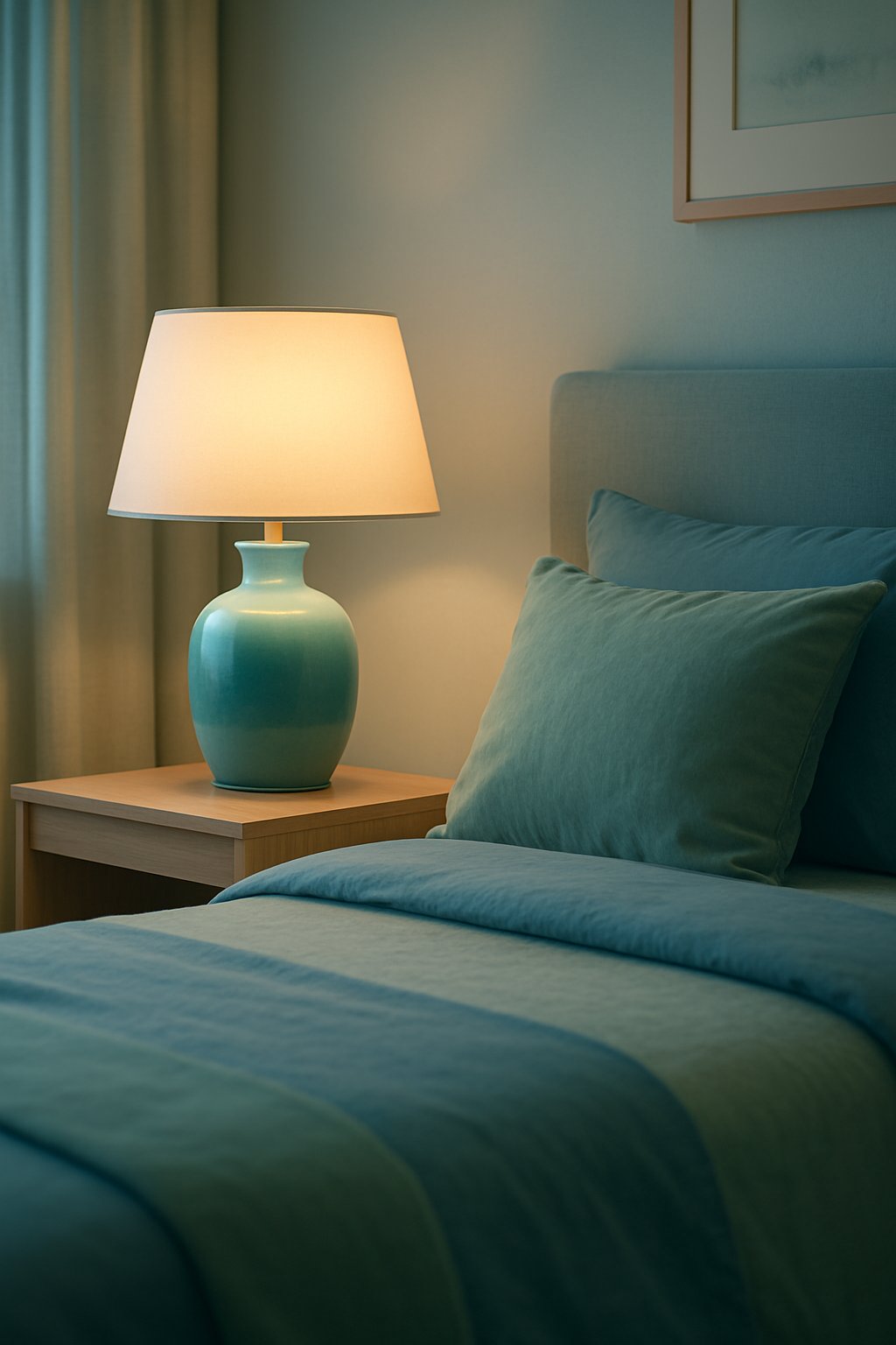 A turquoise ceramic bedside lamp illuminates a serene blue and green bedroom with soft, calming hues