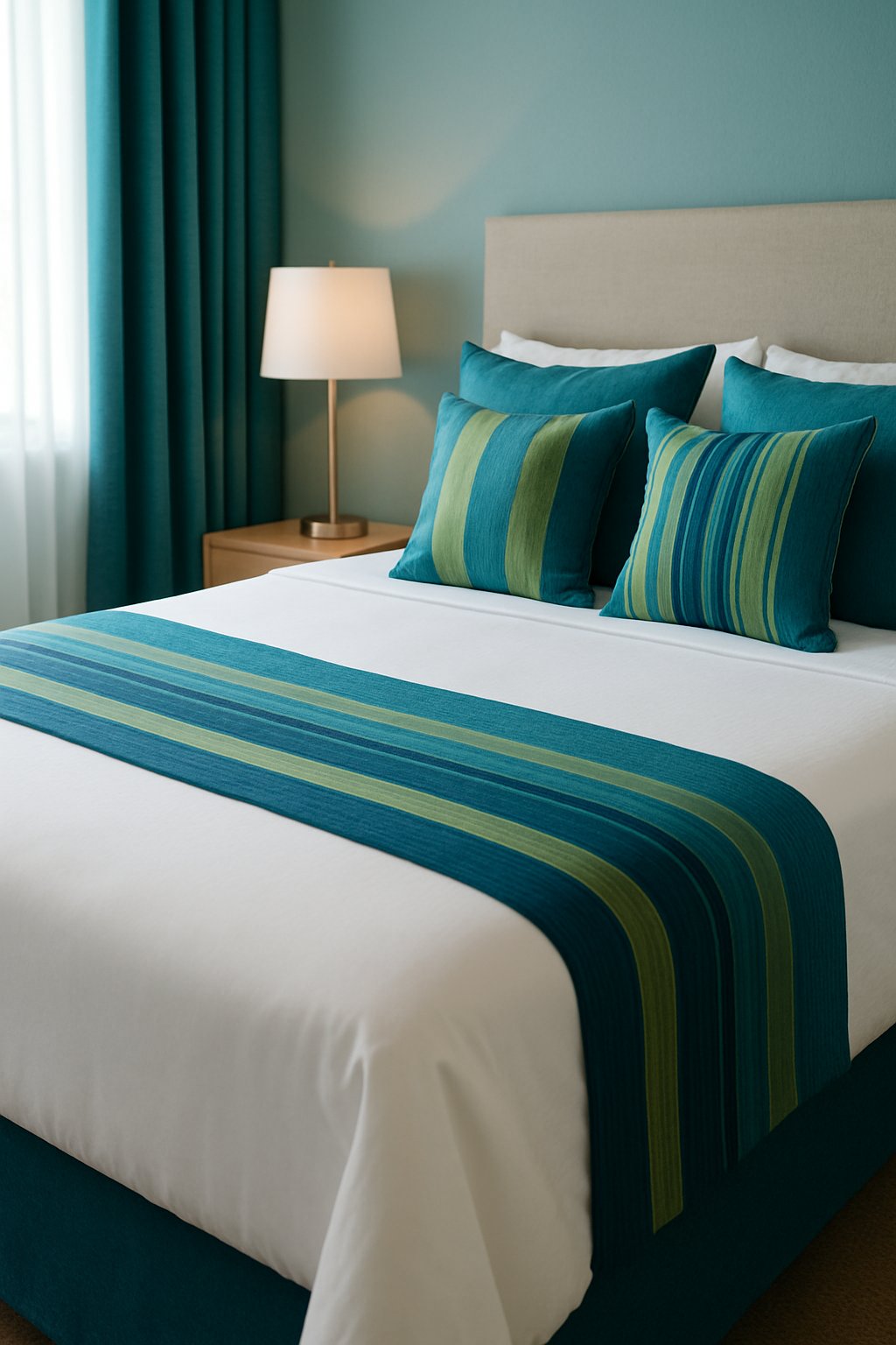 A blue and green striped bed runner lays across a neatly made bed in a bedroom with various shades of blue and green decor