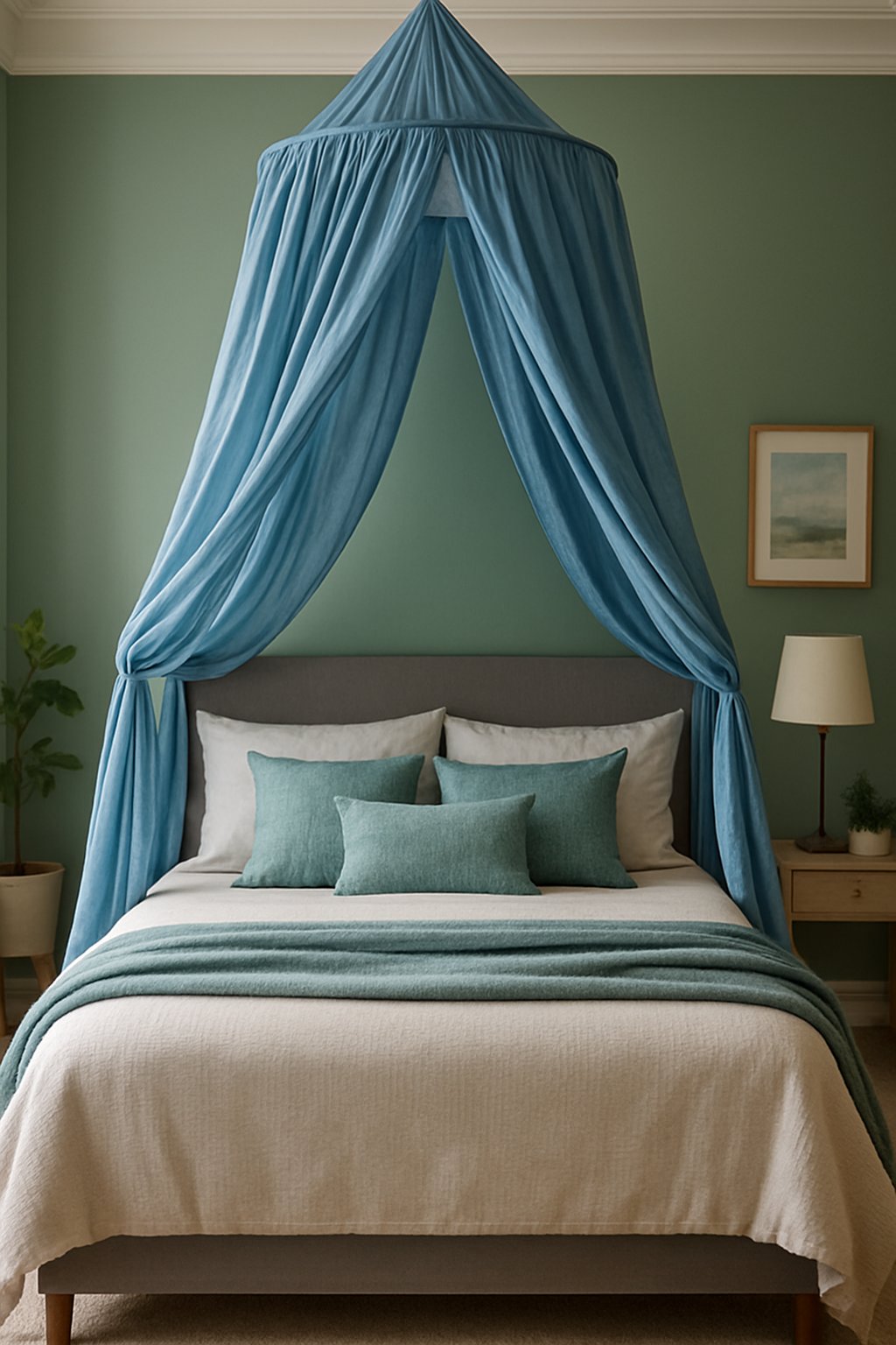 A blue silk bed canopy hangs over a bed in a bedroom with blue and green decor