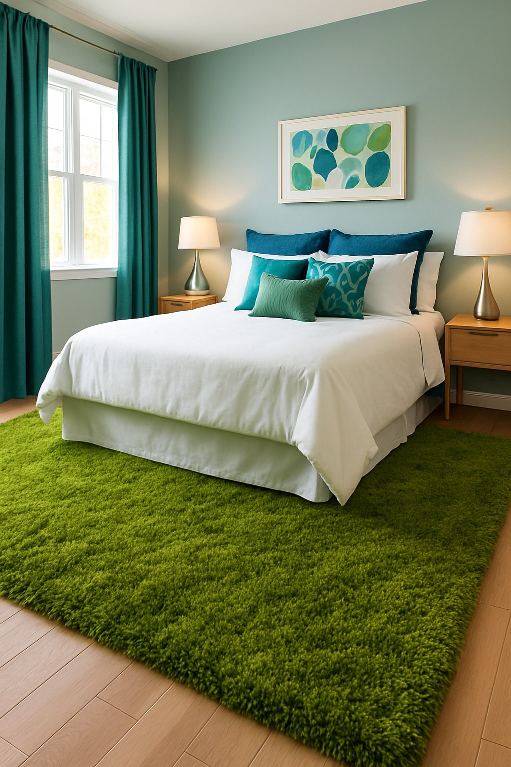 A moss green shag rug anchors a vibrant bedroom with blue and green accents